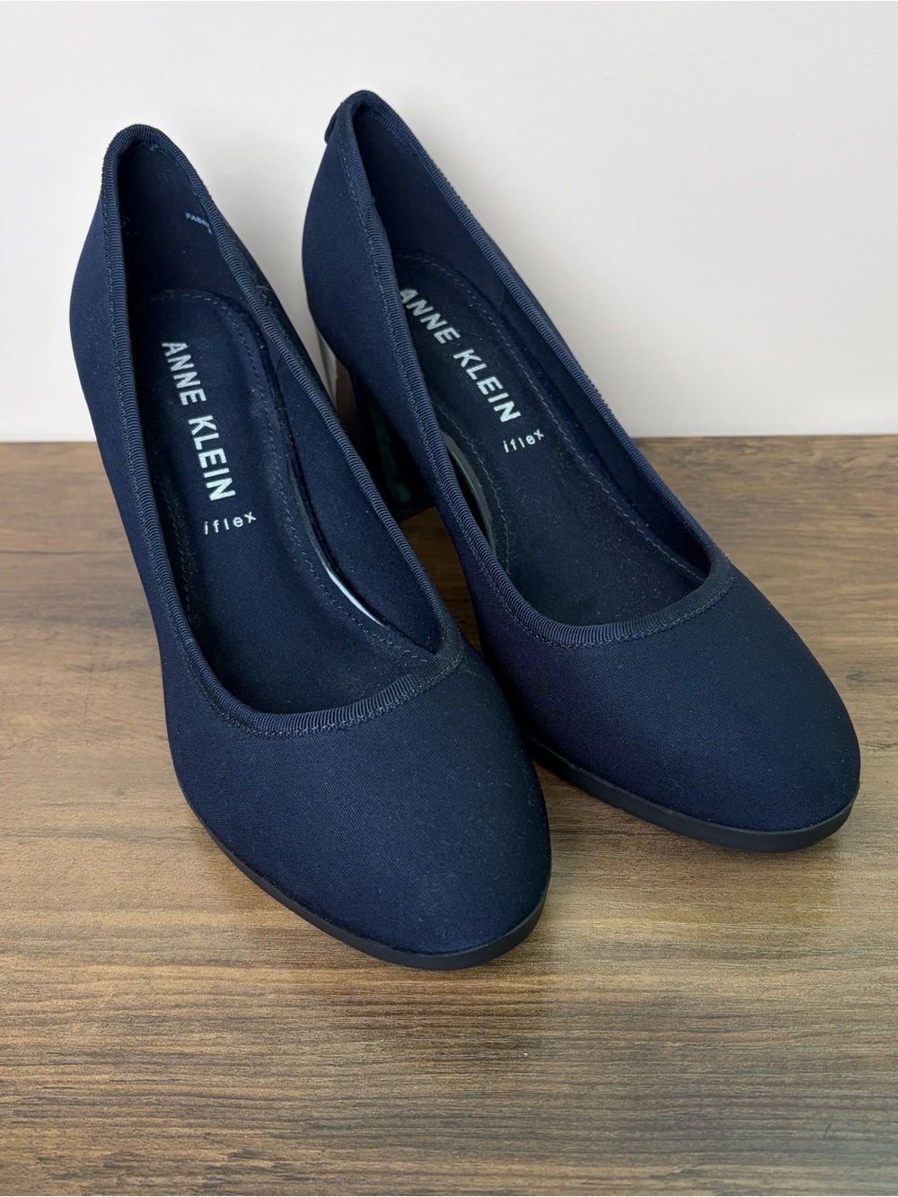 Anne Klein Navy Fabric Mid-Heel Round-Toe Pumps